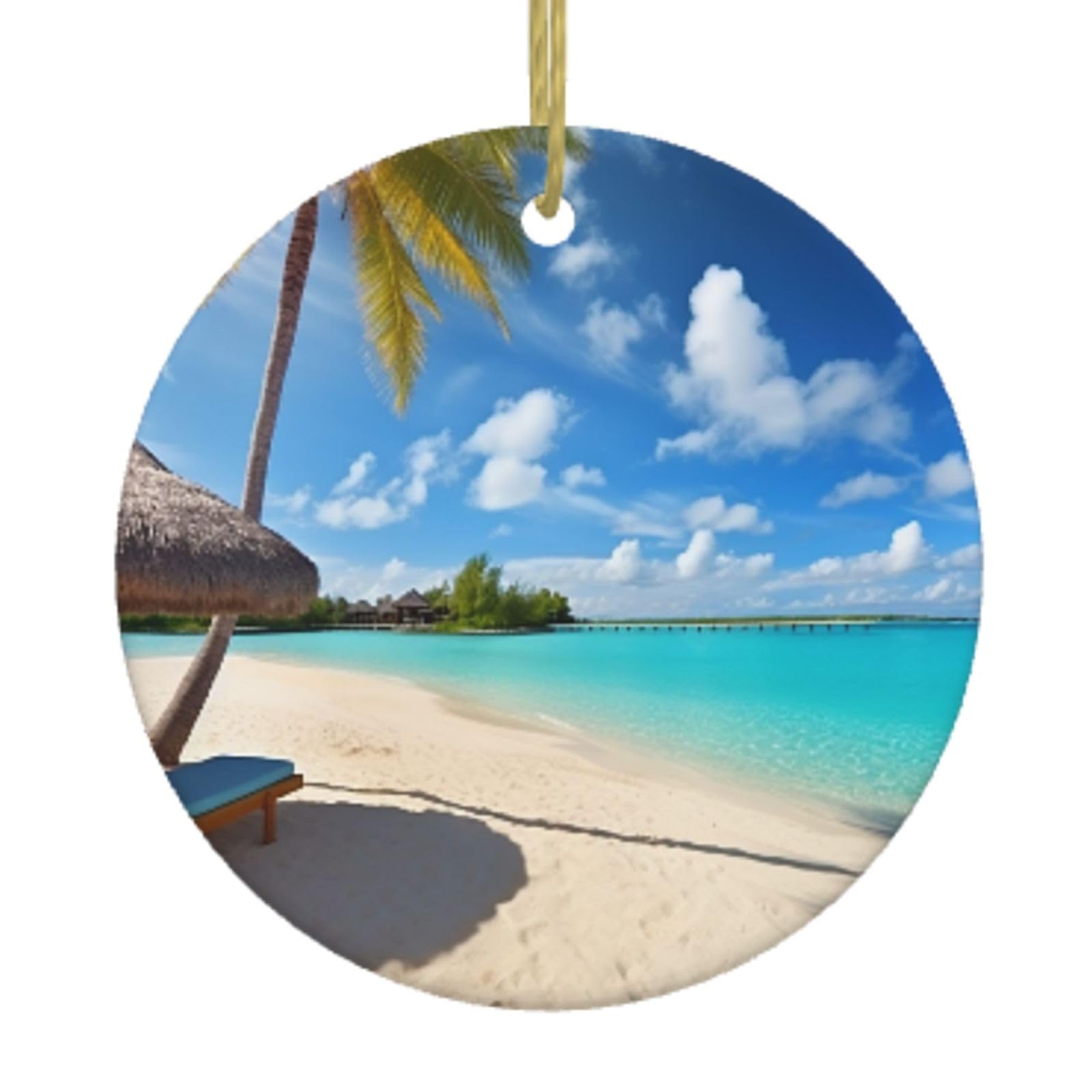Ceramic Christmas Tree Hanging Ornaments with Gold Ropes Christmas Tree Decorations Round Ceramic Tropical Beach Pendant Keepsake Decorations for Holiday Xmas Gift Ideas
