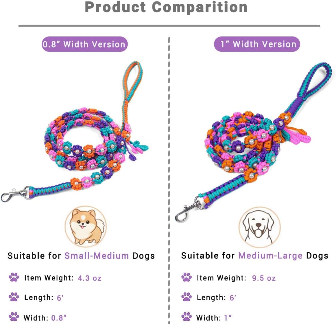 Cute Handmade Paracord Dog Leash – Unique Hand-Braided Durable Multi-Color Flower Design Pet Accessory for Small Medium Dogs Bright Multi-Color, Wide Chunky Flower Leash (6ft)