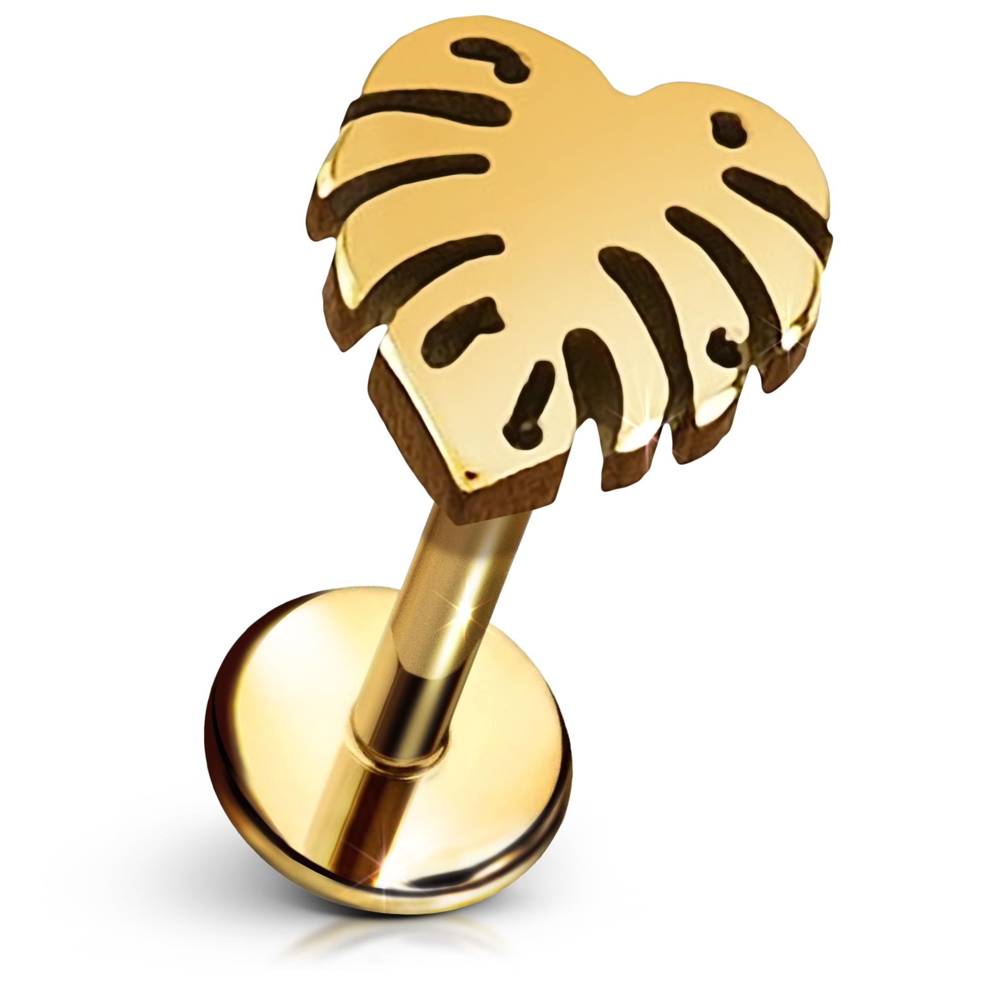 Cords Club Monstera Leaf Flat Back Stud – ASTM-F136 Implant Grade Titanium - Push Pin Design for Sensitive Ears – Available in 18K PVD Gold Plated &