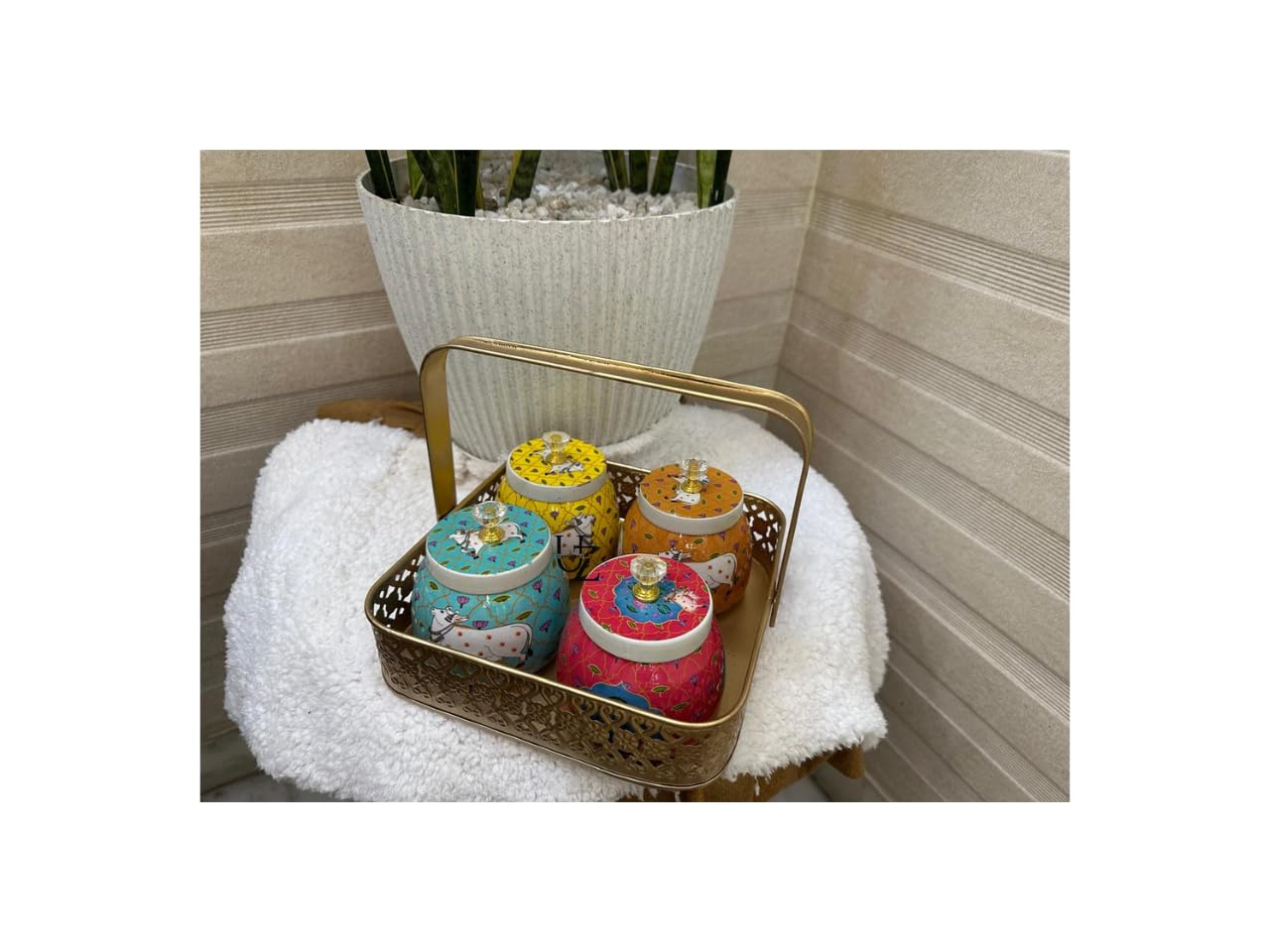 U Z HANDICRAFTS – Enamel Printed Pichwai Cow Jars– Decorative Metal Storage Jars with Lid – Traditional Indian Art Containers for Sweets, Spices, Pooja & Return Gifting (set of 4 with basket)