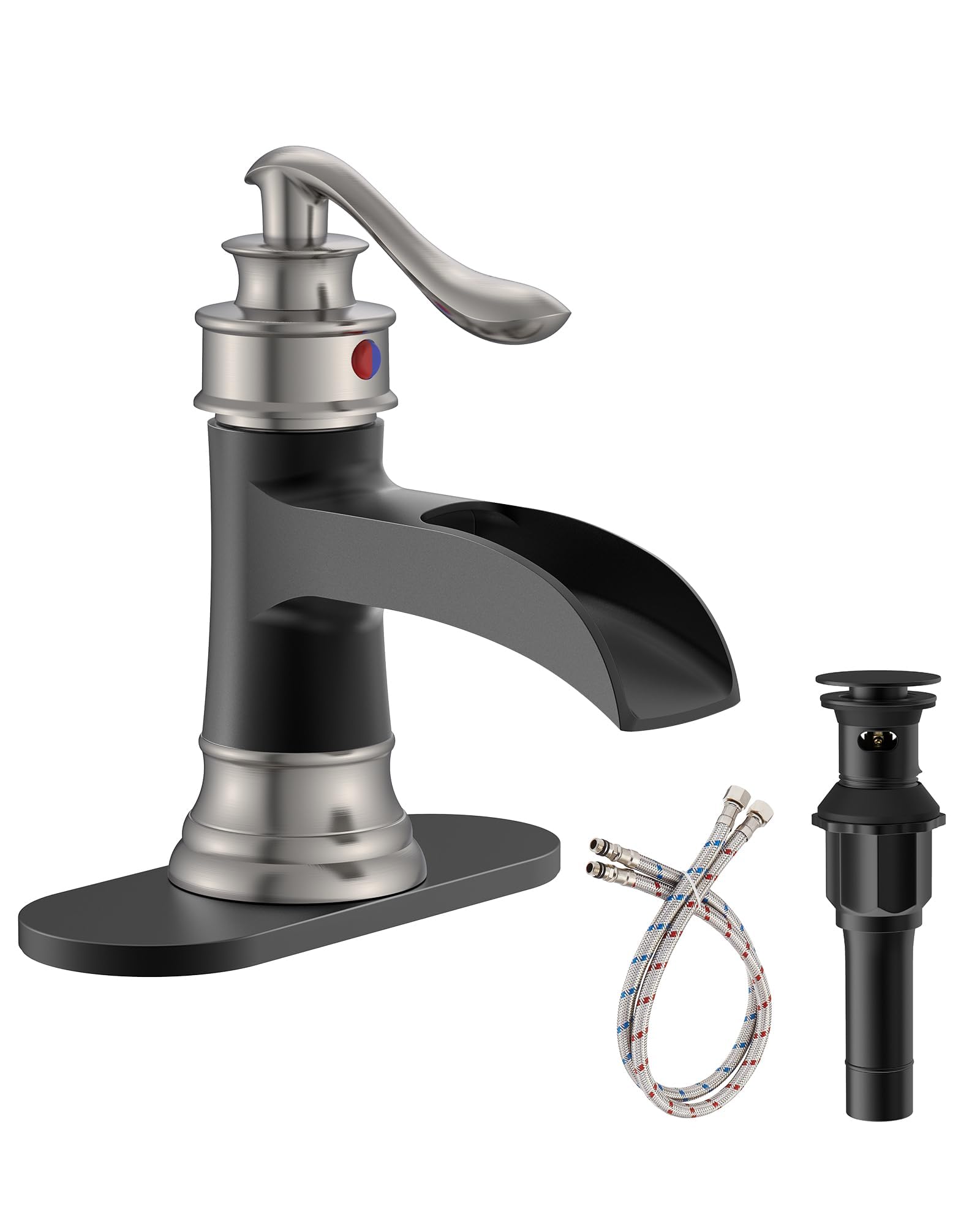 Sxithgkdw Black & Nickel Bathroom Sink Faucet Waterfall Single Handle Matte Black And Brushed Nickel Lavatory Vanity Basin Mixer Tap One Hole Lever Deck Mount Commercial Supply Line By