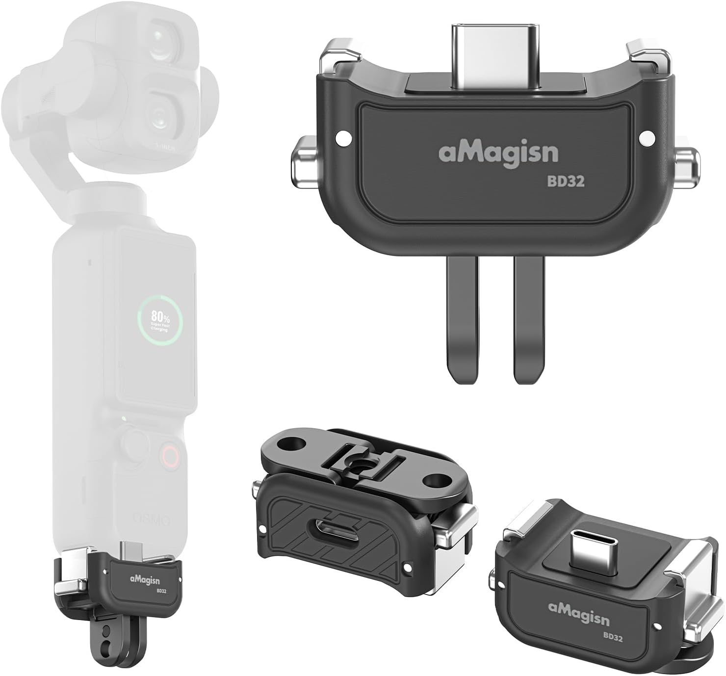 Quick Release Charging Adapter Base for DJI Osmo Pocket 4P/4/3, Stainless Steel 2‑Prong Bracket with 1/4" Thread & Anti‑Vibration Silicone Pad, Fast‑Install Vlog Gimbal Camera Accessories