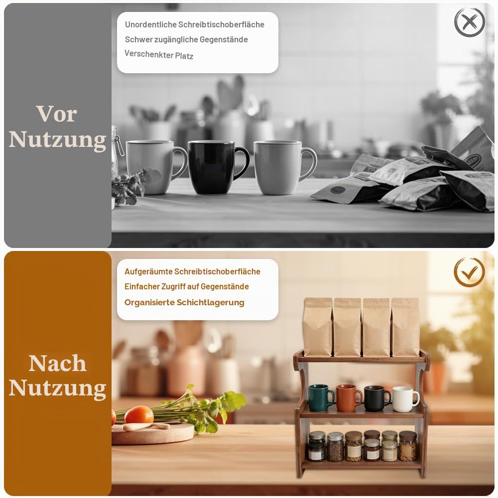 3-Stufig Tassenregal, Bambus Tassenhalter Für Kaffeetassen& Tassen, Stabiler 4-Füßiger Stehendes Küchenregal Für Küche Esszimmer Kaffeebar Matcha Station (MDF)