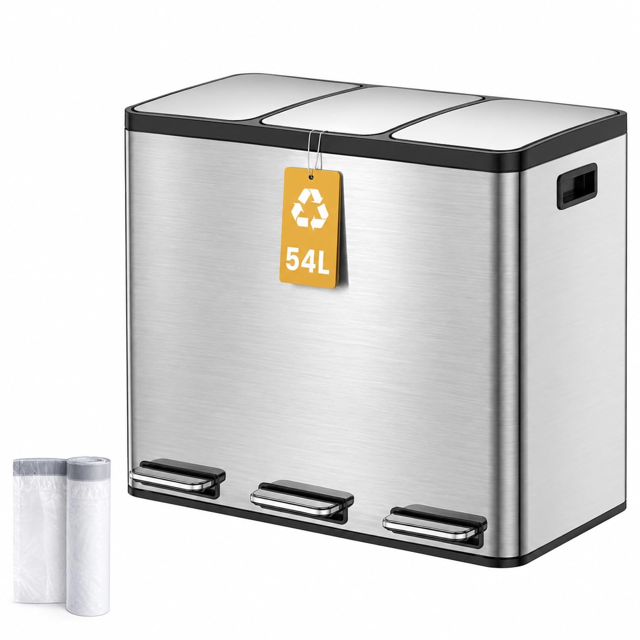 YEAUPE PRO Kosz na śmieci kuchenny 54 l, 3 x 18 l, ze stali nierdzewnej, wolnoopadający, system segregacji odpadów z wyjmowanymi pojemnikami wewnętrznymi ABS, Soft Close, odporny na odciski palców