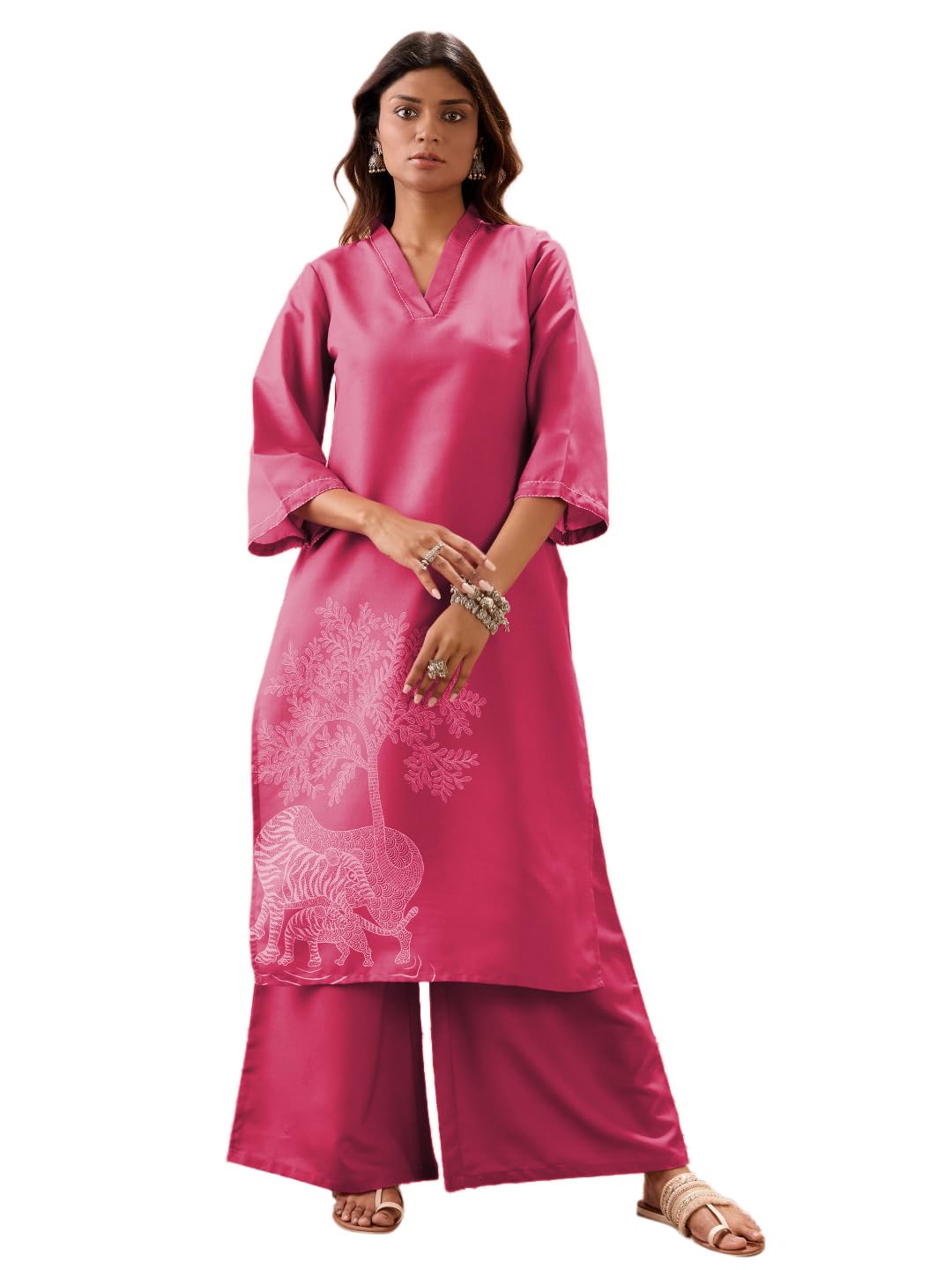 Women Gond Animal Print V-Neck Bell Sleeves Straight Kurta & Wide Leg Pant Set-image-2