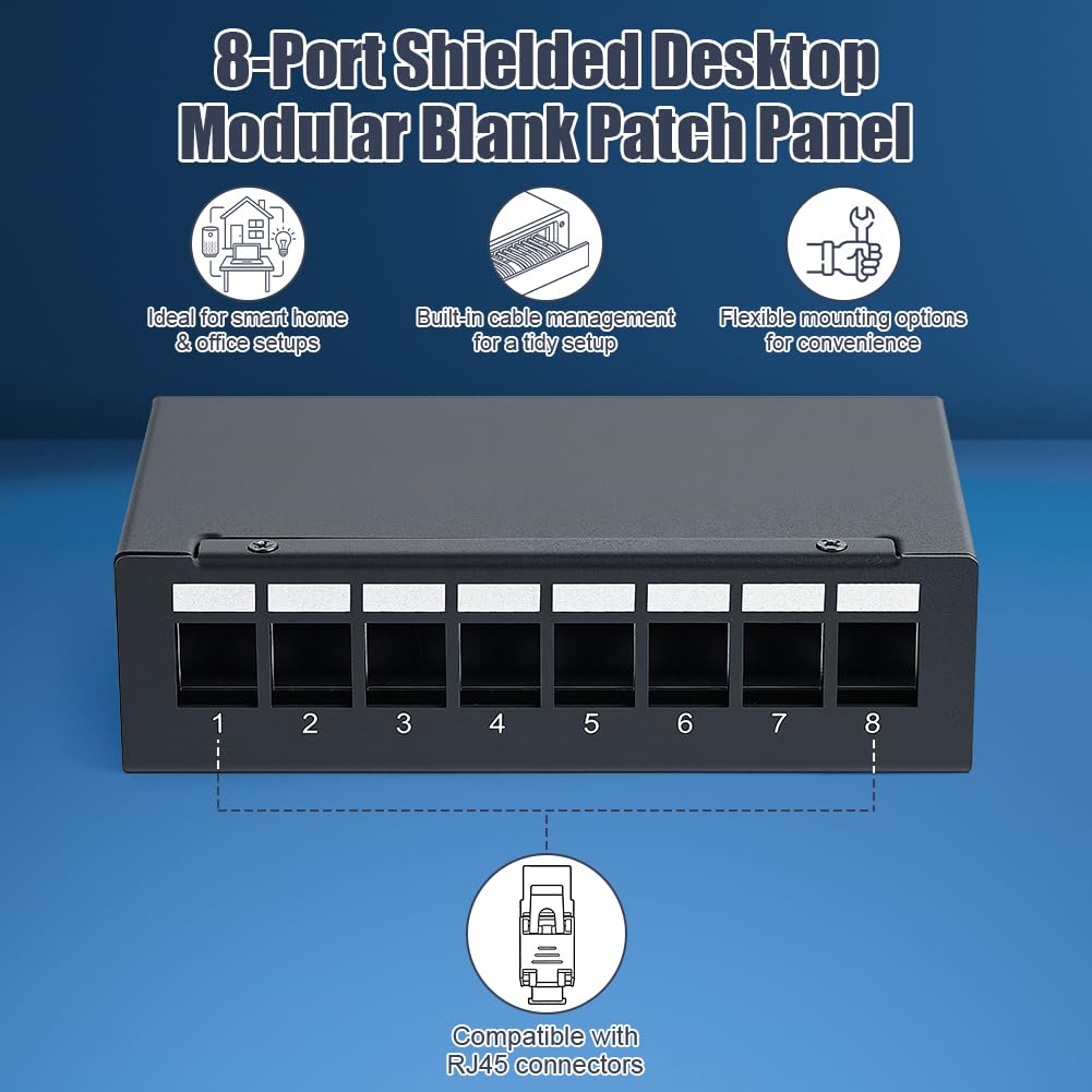 AXFEE Panneau De Brassage Kit 8 Ports, Panneau De Brassage RJ45 CAT 7 avec 8xRJ45 Modules Keystone Jack, 10 Gbit/s panneaux de brassage muraux Compatible avec Câble de Pose CAT6 CAT6a CAT7 LAN Réseau