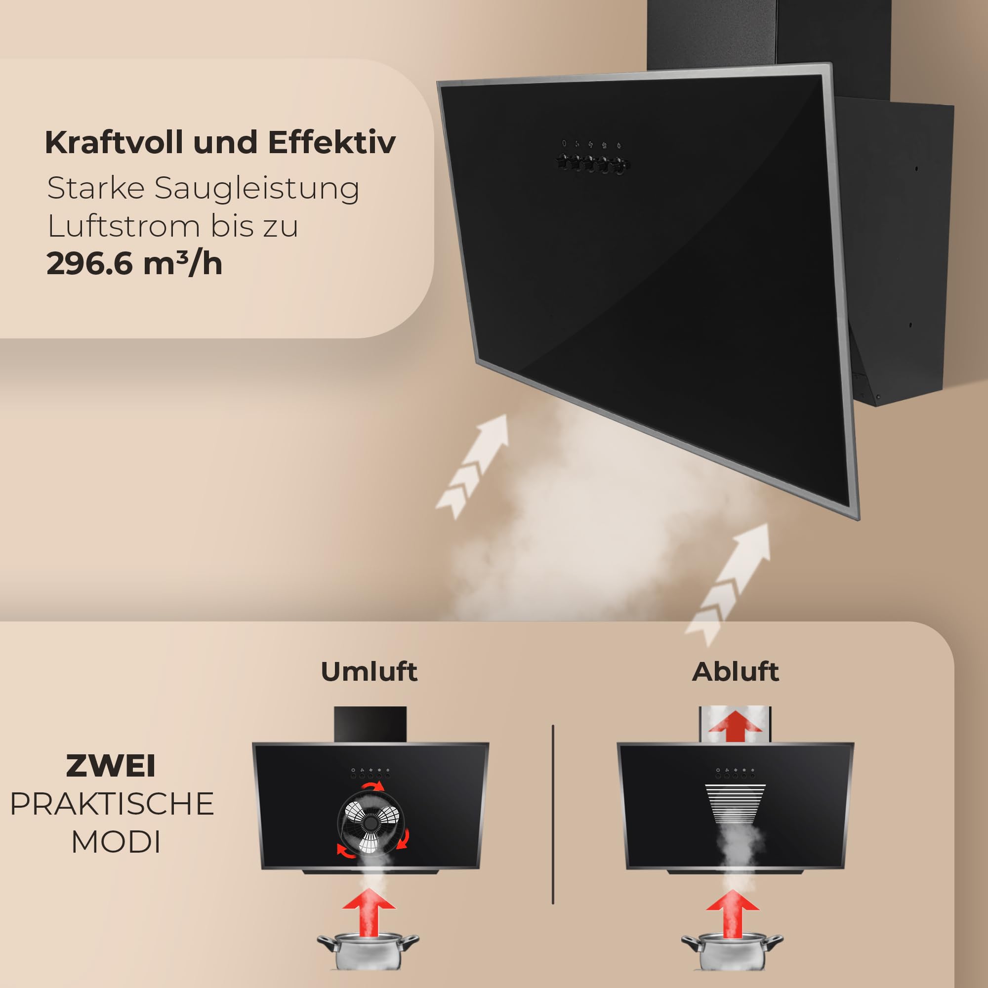 YUNA Dunstabzugshaube DUSICA 60 cm Schwarz Glasfront 3 Leistungsstufen 47W Motorleistung Energieeffizienz A Abluft Umluft Kopffrei LED Beleuchtung Ohne Kohlefilter Wandhaube