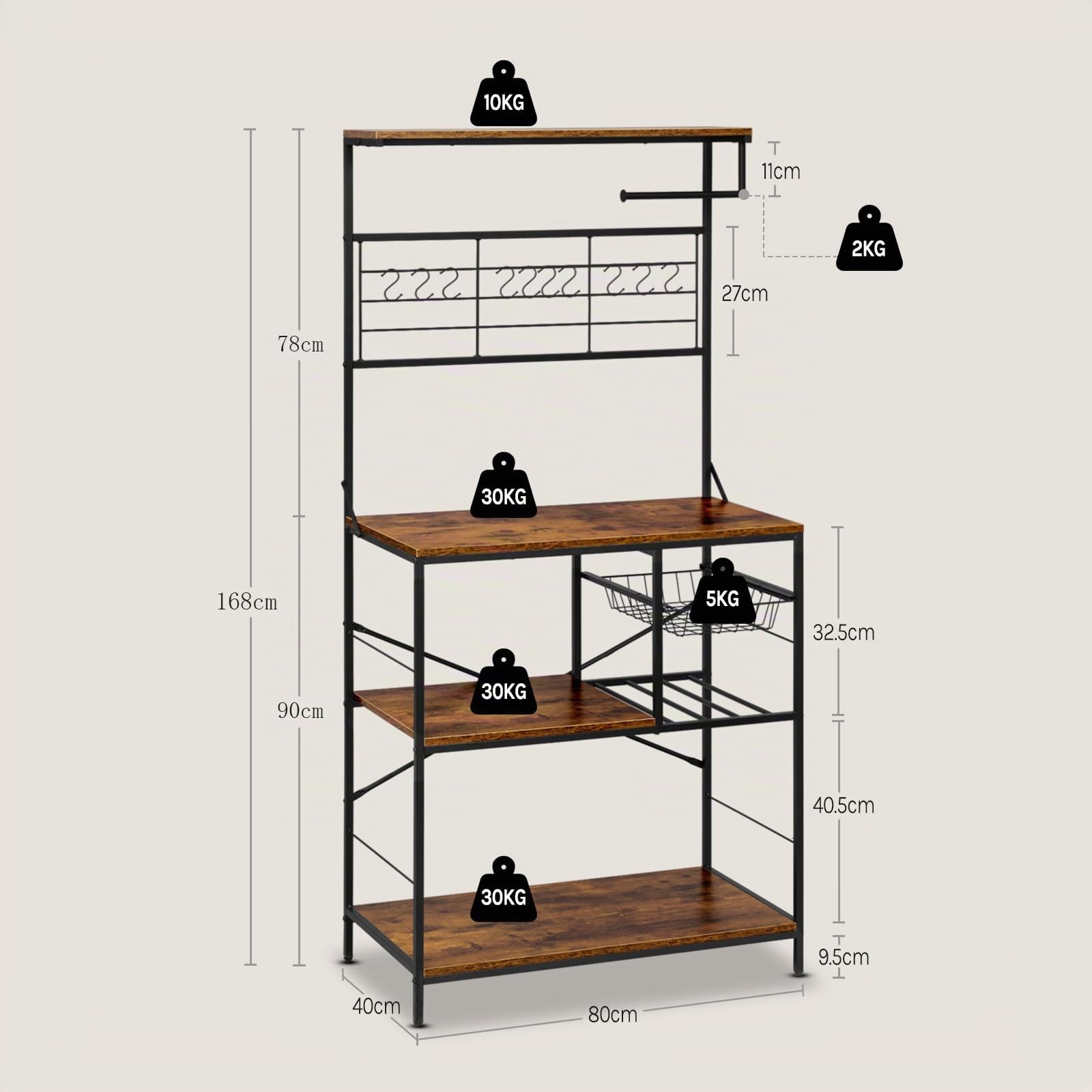 WOLTU Küchenregal mit 4 Ablagen und 10 S-Haken, Bäckerregal mit Küchenpapierhalter & Aufbewahrungskörbe, Mikrowellenhalter für Gewürze, Standregal Küche aus Metall & Holz, Rustikales Braun+Schwarz