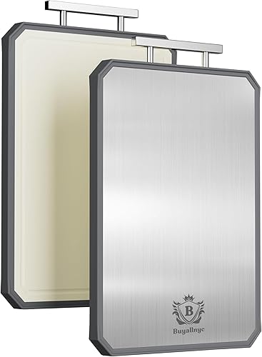 BUYALLNYC Tabla de cortar de acero inoxidable para cocina - (16" x 11") Grande de doble cara de aceropaja de trigo PP tabla de cortar para carne,