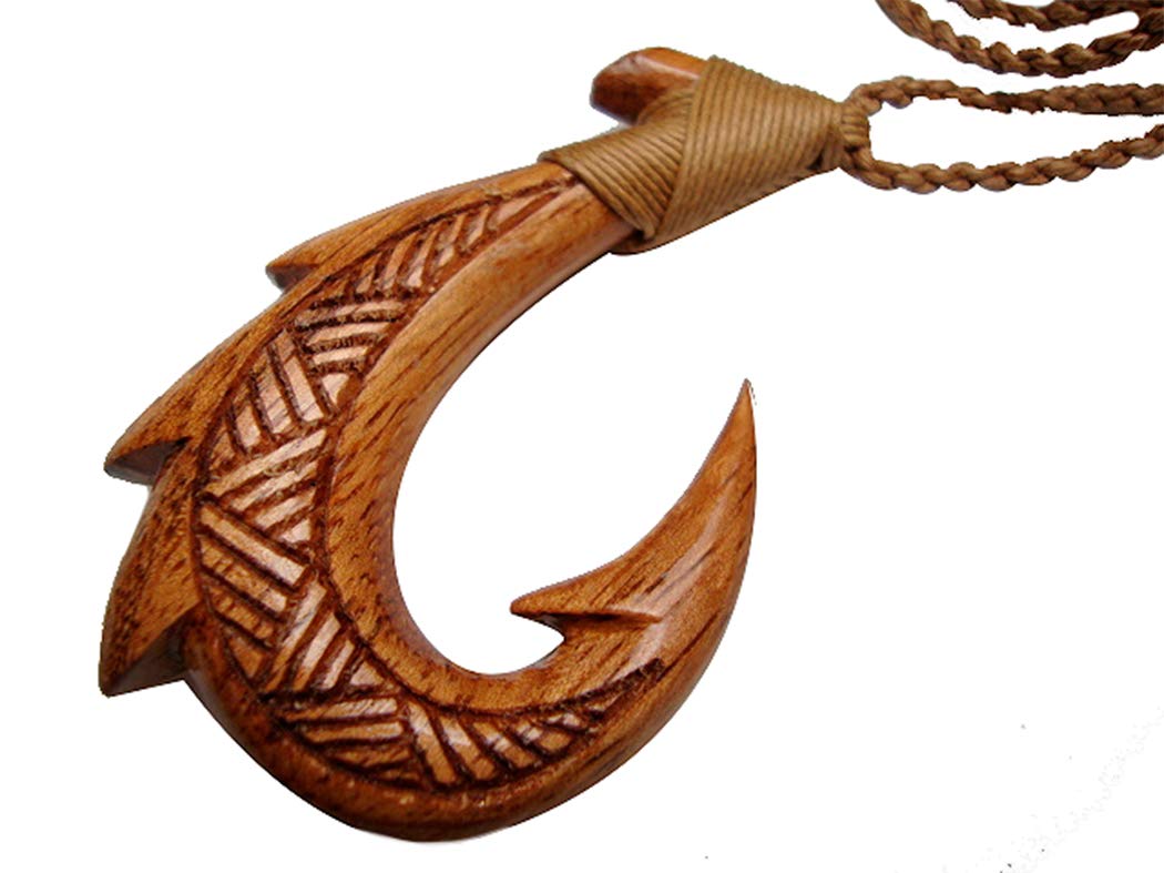 Island SenseHawaiian Hand Carved Dragon Koa Wood Fish Hook Necklace w/Khaki Cord.