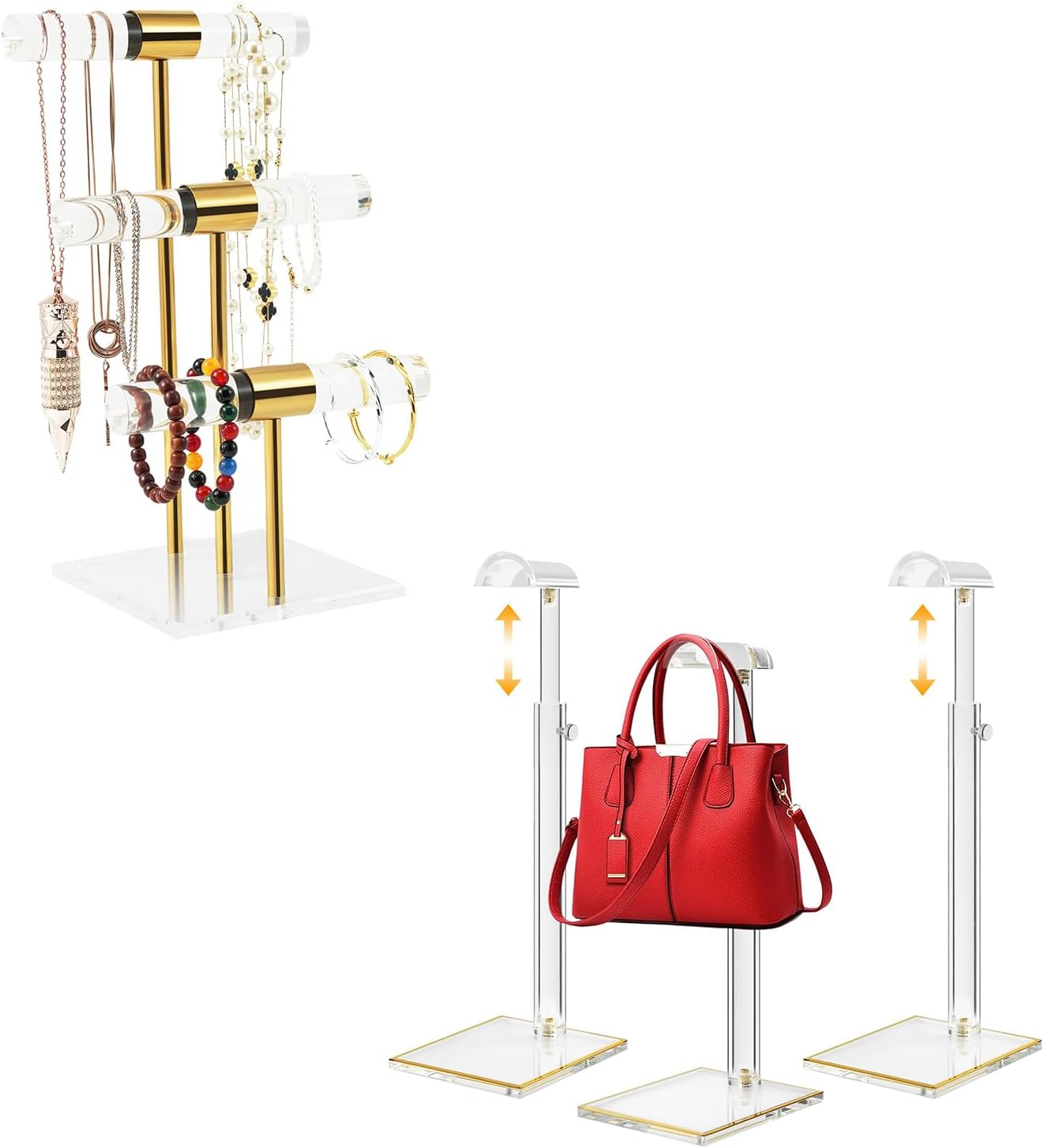 Acrylic Bracelet Holder Display Stand and 3 Pack 14" to 24"Adjustable Height Clear Purse Holder Stand
