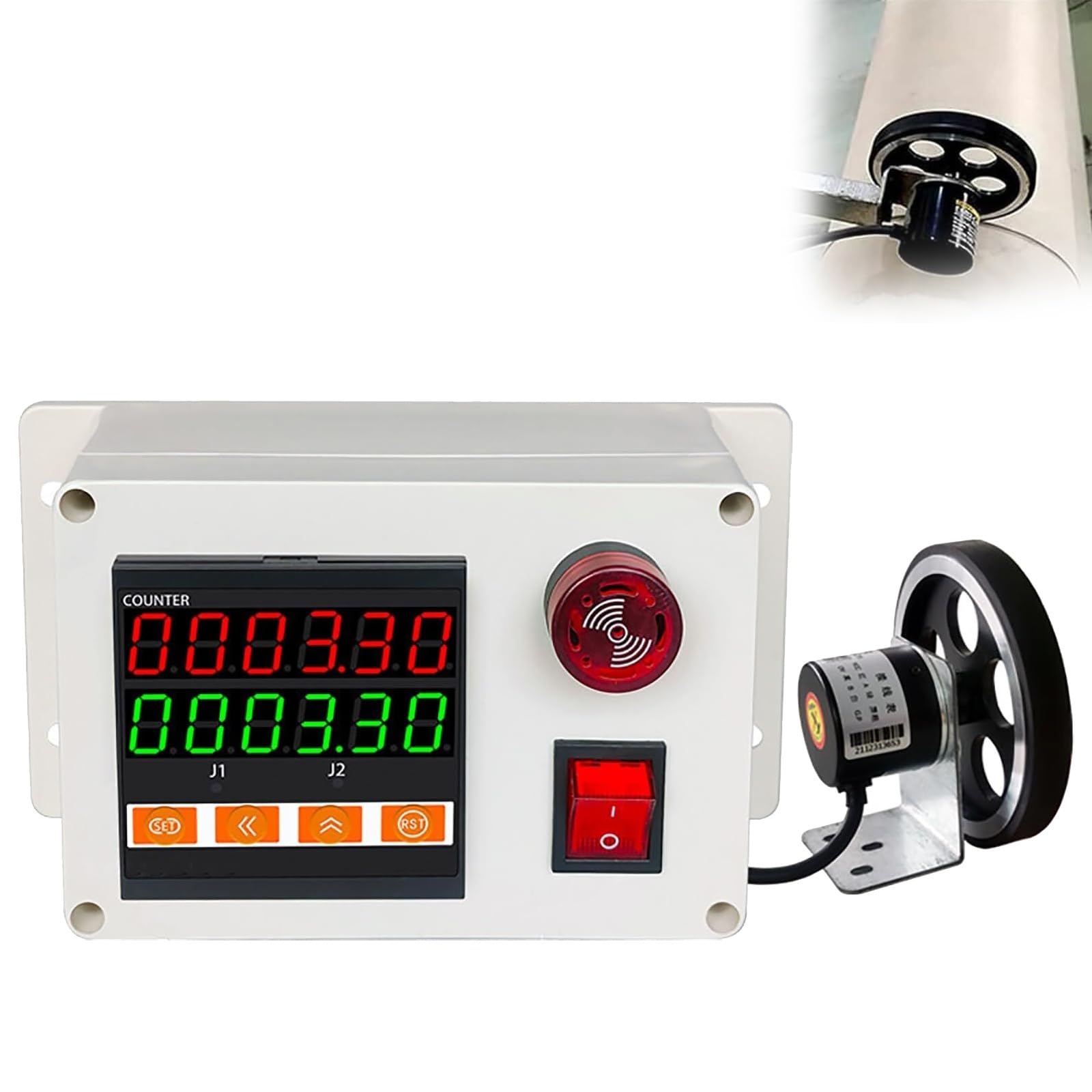 Contador de longitud con rueda rodante, control dual y alarma, rango 0-999999 para tela, acero, láminas