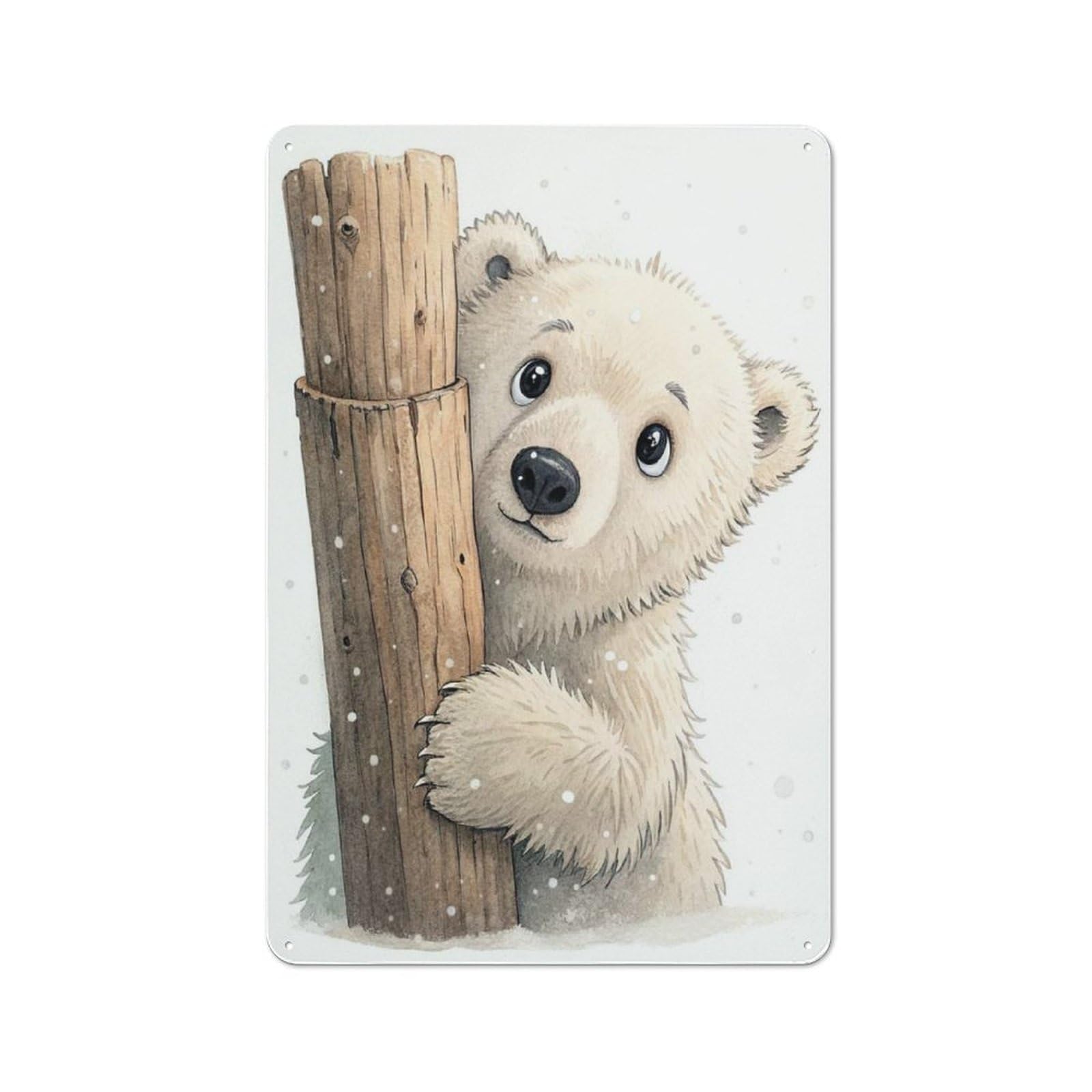 For Man Cave Or Games Room, Cute Polar Bear Peeking Behind Log Rustic Metal Plaque 30x20cm, Wall Decoration for Games Rooms And Man Caves
