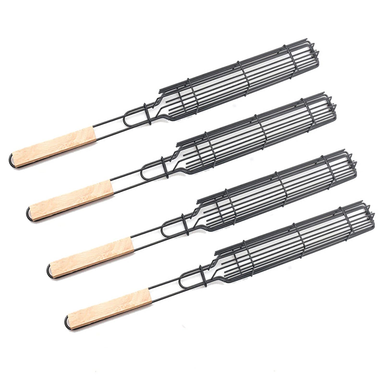 RYUNQ 1/2/4PCS Barbecue Grill Basket Non-Stick Single Kabob Baskets, Grilling Basket and Smoker Tube-BBQ Square Grill Mesh with Long Wooden Handle for Fish Vegetable Sausage Meat (Natural Colour*4)