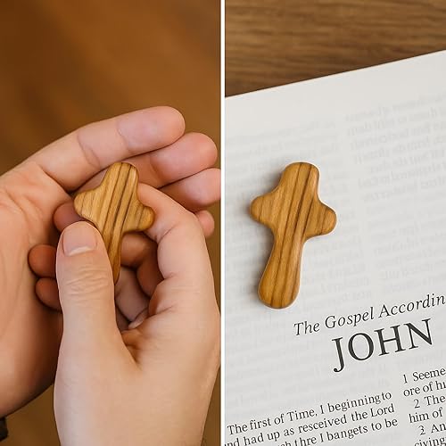Miniatura 5 de Zuluf Seis pequeñas cruces de madera de olivo de Israel  Diseño de mano y reconfortante para agarrar, aferrarse con 6 certificados de tierra santa