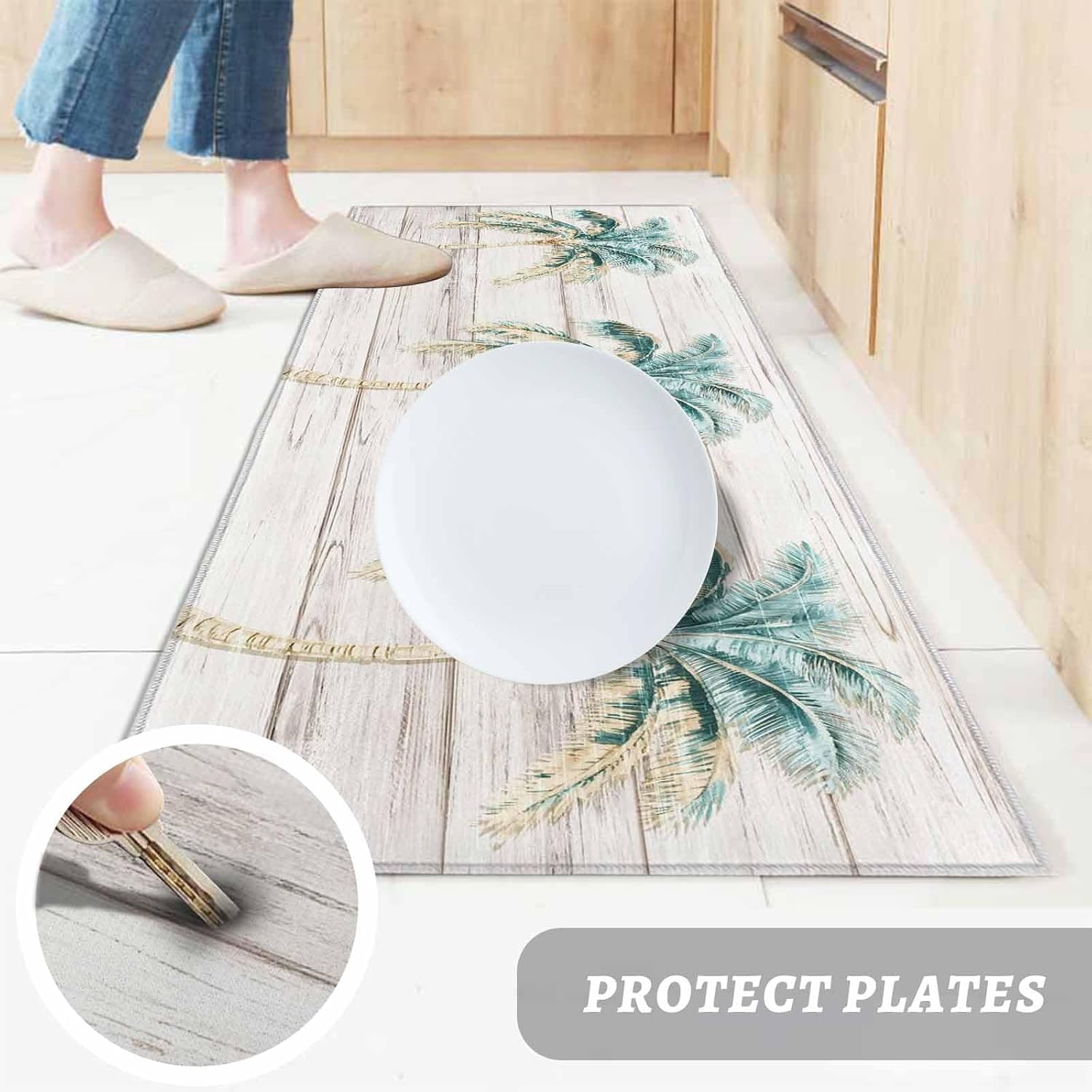 Kitchen Mats for Floor Ocean Beach Coconut Tree Washable Non Slip Kitchen Rugs 2PCS, Summer Plant Farm Wood Grain Absorbent Standing Mats for Sink Bathroom Office Living Room 15.7x23.6in+15.7x47.2in