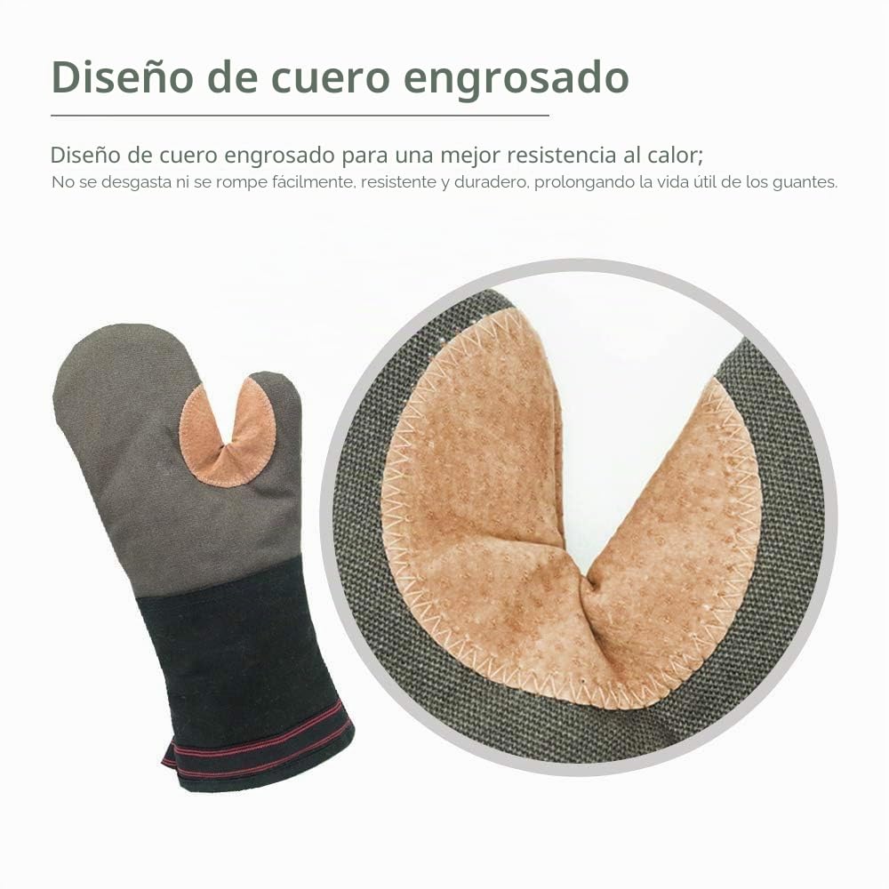 AYADA Guantes Horno Gruesos Largos Grandes, Manoplas Horno Cocina Profesional Antideslizante Lona Fibra de poliéster Cuero Oven Gloves (Gris)