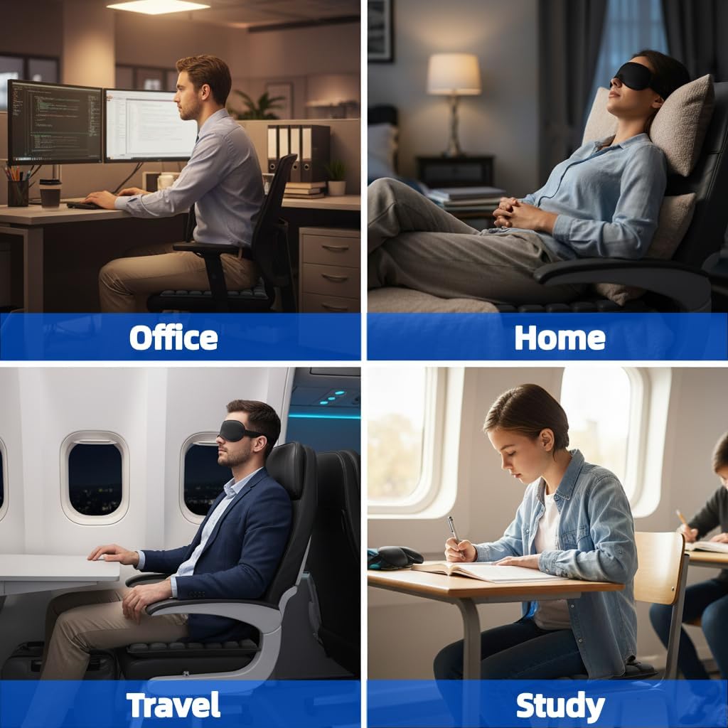 Inflatable Travel Airplane Seat Cushion, Press-to-Inflate Pressure Seat Cushion for Office Chair, Car & Wheelchair, Coccyx Buttock Pain Relief, with 3D Light Blocking Eye Mask (49 Air Cells)