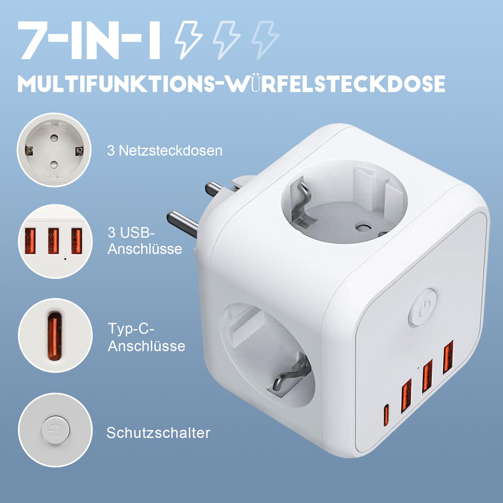Cubo Enchufe 7 En 1 USB-C: 3 Tomas AC Y 4 Puertos USB (3A Y 15W), Con Interruptor Y Protección Contra Sobrecargas – Ideal Para Oficina Y Hogar
