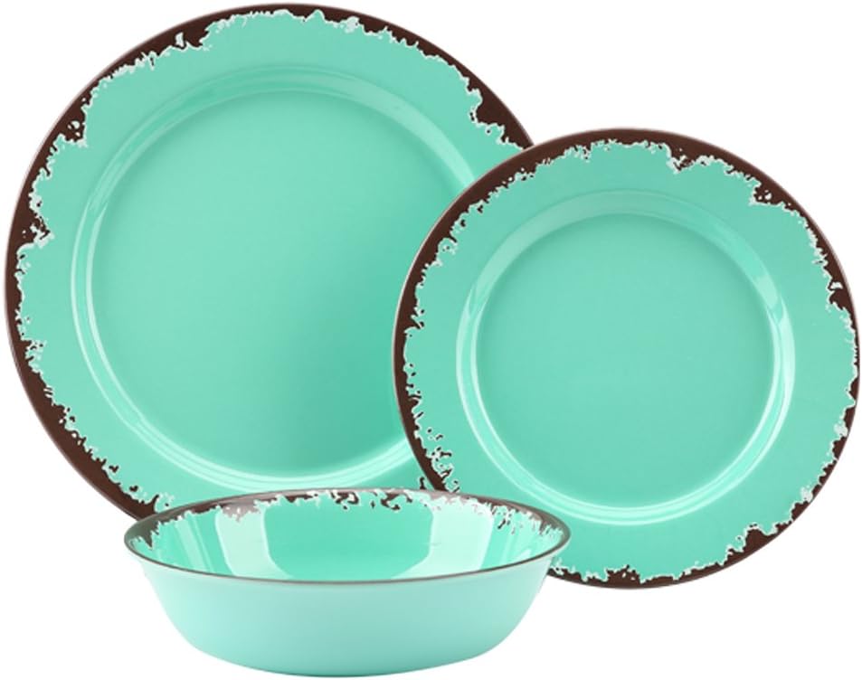 Rustic Melamine Dinnerware Set - 12 Pcs Outdoor Camper Dishes Set Service for 4, Green