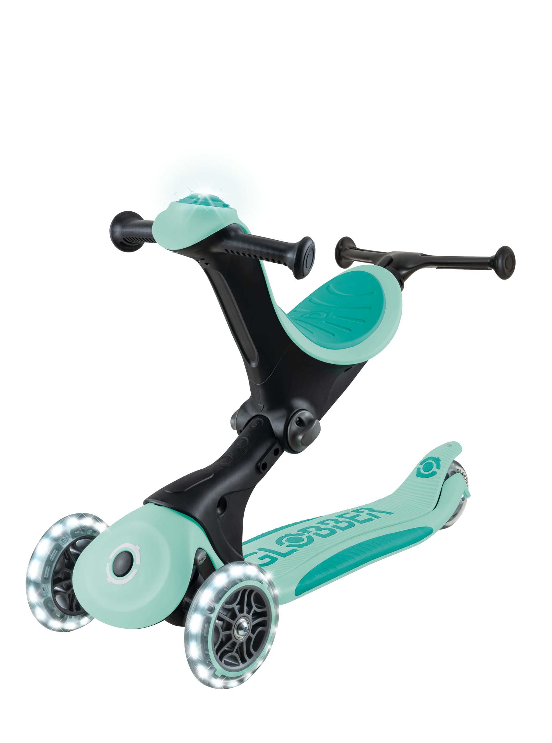 GLOBBER GO-UP Deluxe Lights 360 Roue de siège 3 en 1 avec roues LED, 120/80 mm, réglable, 3 roues, menthe