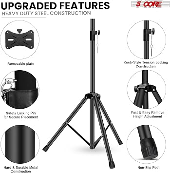 5 Core Speaker Stand Pair Mount Holder Tripod w/Adjustable Height to 72 Universal 35mm Compatible Insert w Safety Pin and Knob Tension Lock for Studio Stage Home Black