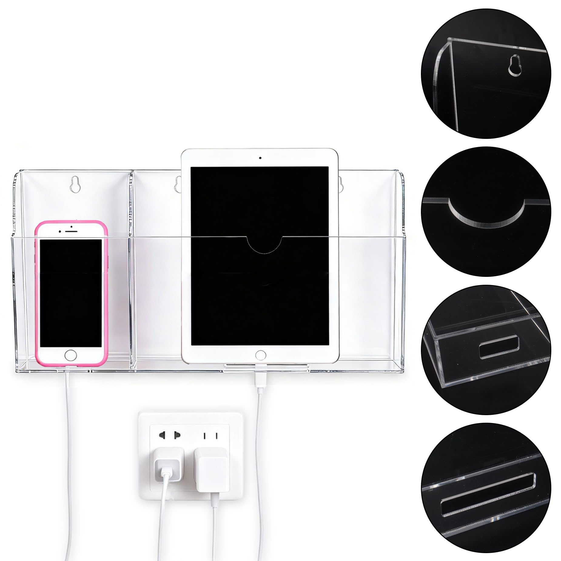 Soporte acrílico para teléfono montado en la pared con agujeros de carga, soporte de control remoto de pared de 2 compartimentos para tablet, iPad, Kindle, portátil, transparente