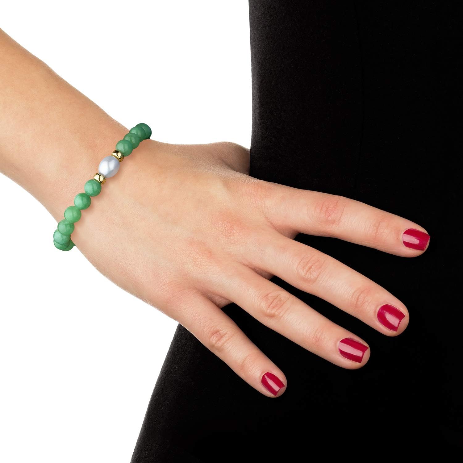 Belacqua Natural Green Jade or Milkly Blue Aquamarine and Freshwater Pearl Stretch Bracelet in 14K Yellow Gold Beads, Length 6.5 to 8.5 Inches, Jewelry for Women, Gift Box Included - Image 2