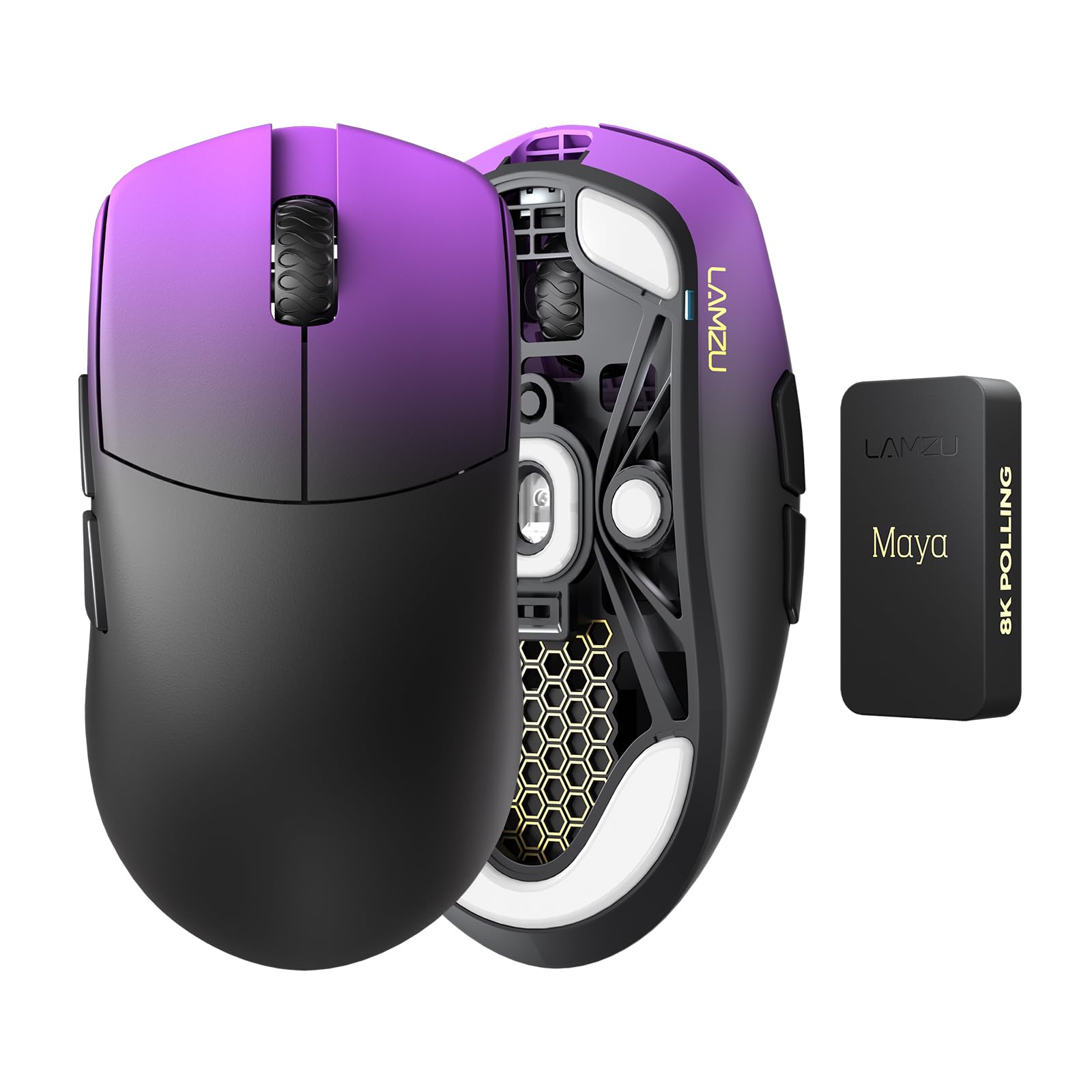 Lamzu Maya Champion Edition Wireless Gaming Mouse, Ultra-Lightweight 45g, Optical Switch, Golden TTC Dust-Proof Encoder, Pixart PAW 3950 IC, 8K Compatible, Compatible with PC/Mac (Purple Shadow)