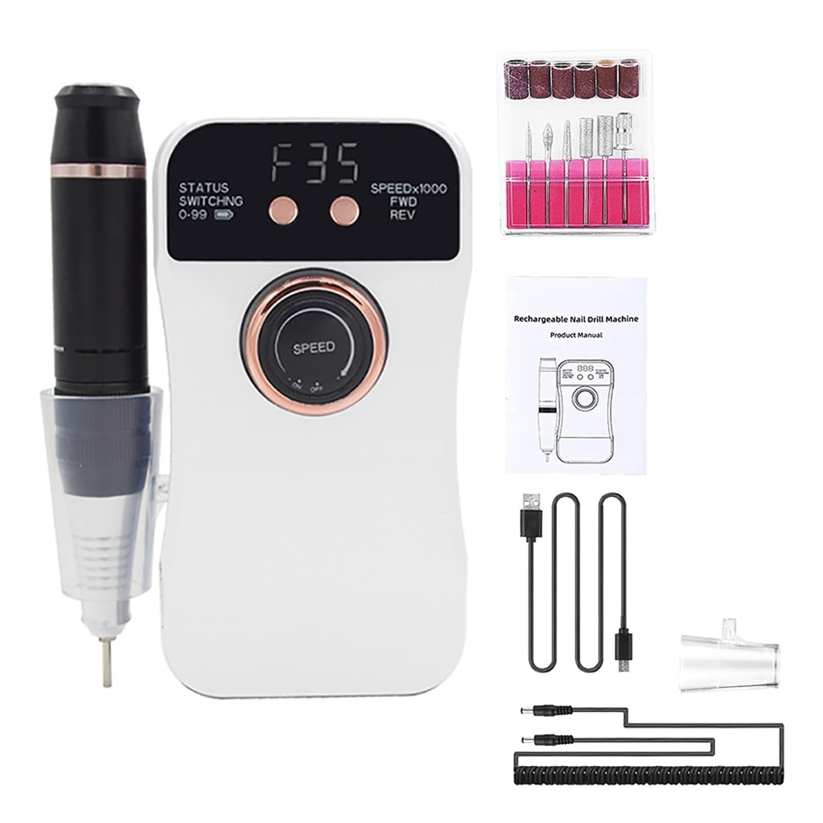 GaRcan Taladro de uñas, Profesional 35000 RPM Taladro de uñas eléctrico para uñas acrílicas USB portátil manicura pedicura para Quitar Pulido de Gel Herramientas Profesionales de uñas (Bianco A)