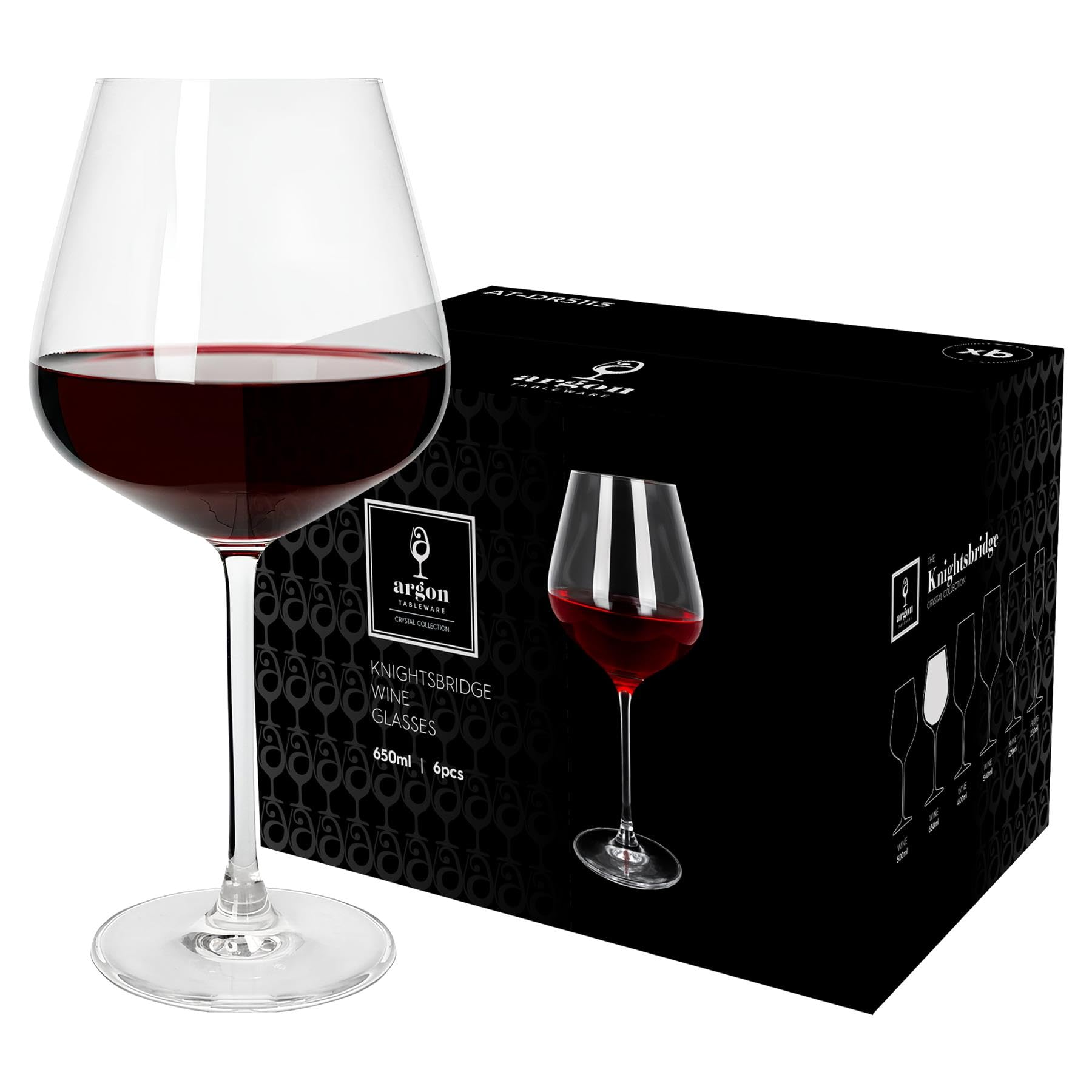 Argon Tableware Knightsbridge Crystal Red Wine Glasses 650ml - Pack of 24, Lead-Free Crystal Wine Glass Set, Large Tulip Bowl, Durable Pulled Stem, Gift Boxed Glassware for Home & Bar