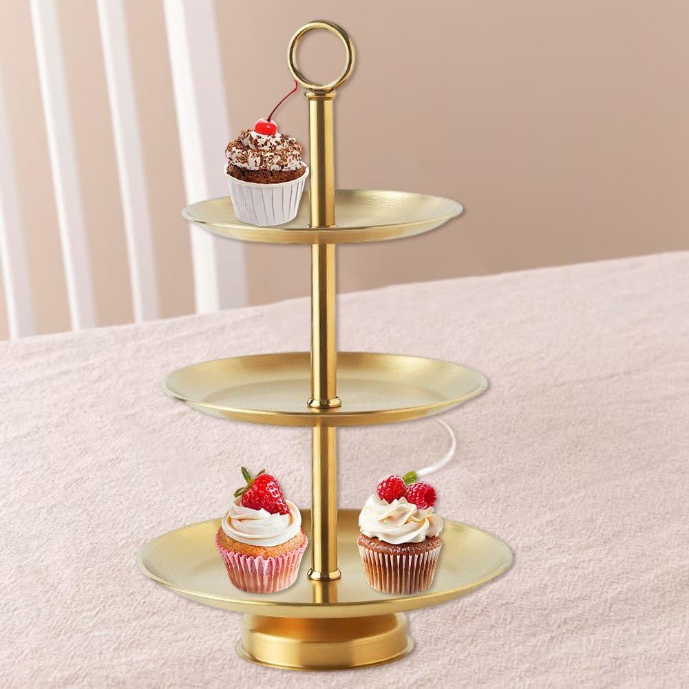 Présentoir de service à 3 étages en acier inoxydable – Plateau rond élégant pour desserts et gâteaux pour mariages, anniversaires et fêtes – Parfait pour les goûters et les divertissements