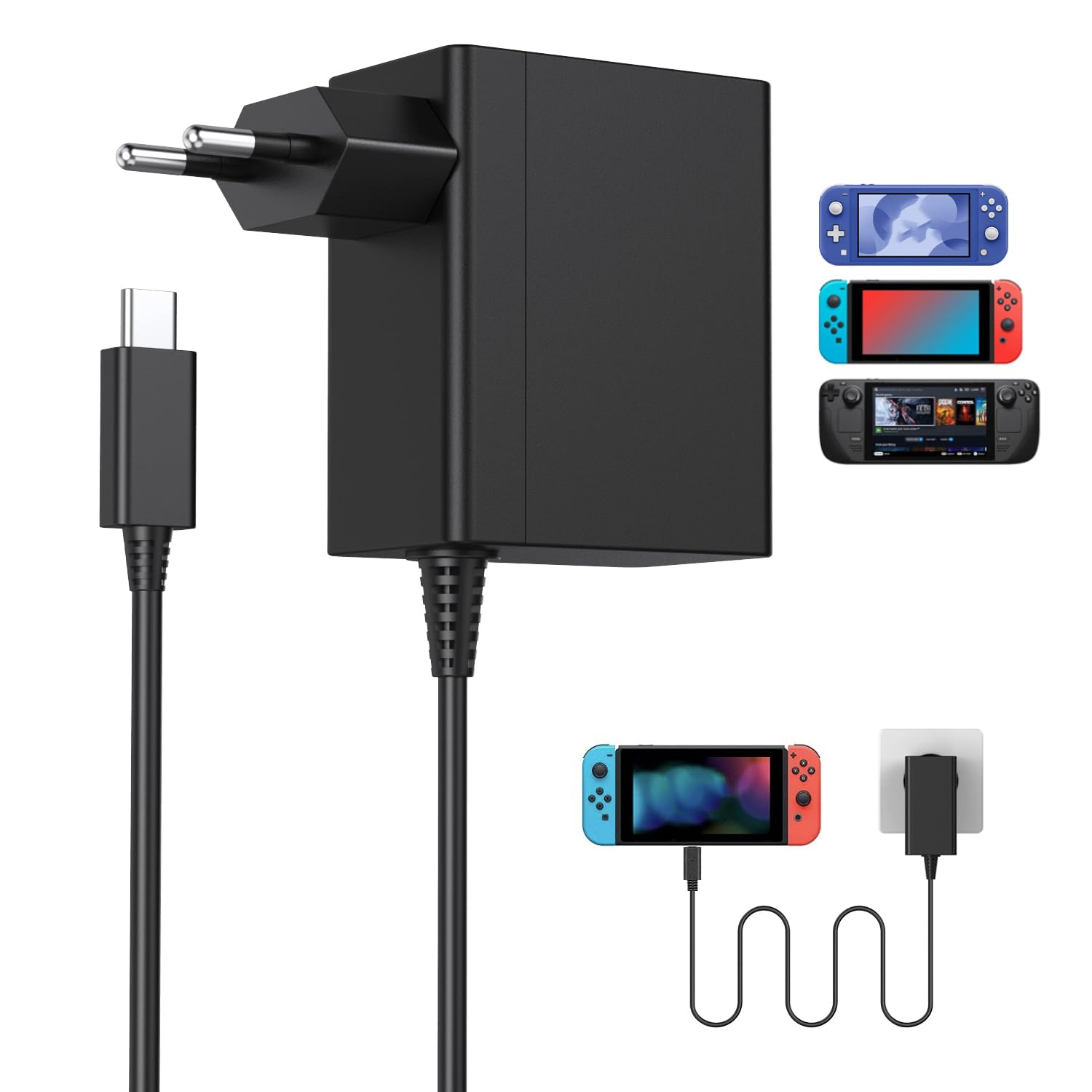Cargador USB C 39W Carga Rápida con Cable Reforzado 1.5M, Adaptador USB Tipo C Compatible con Switch Lite, OLED, Steam Deck, Dock, Pro Controller, Soport a Modo TV