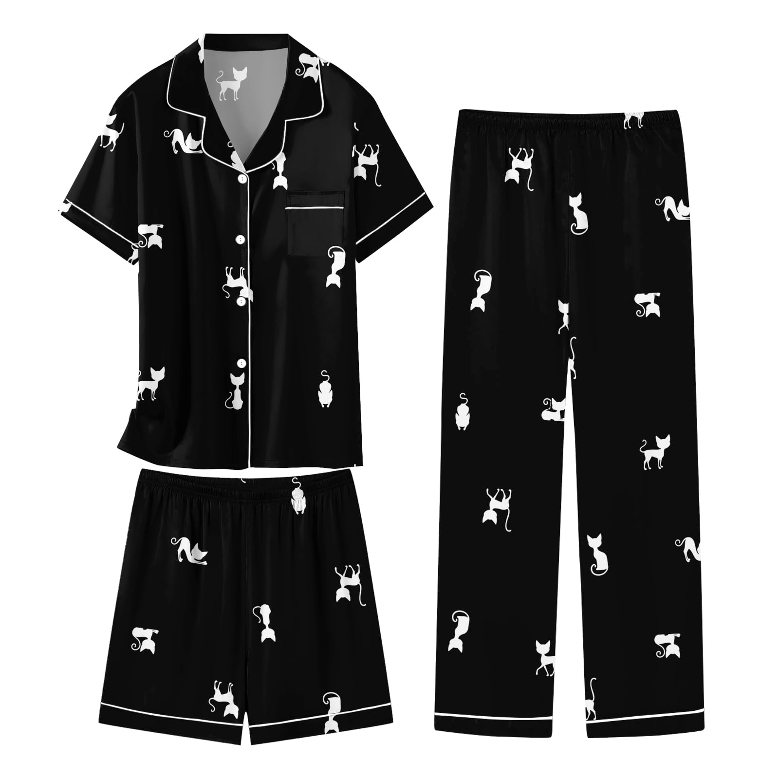 Schbbbta Girls 3 Pieces Pajamas Sets Silk Satin Sleepwear Button Down Short Sleeve Pjs Outfits