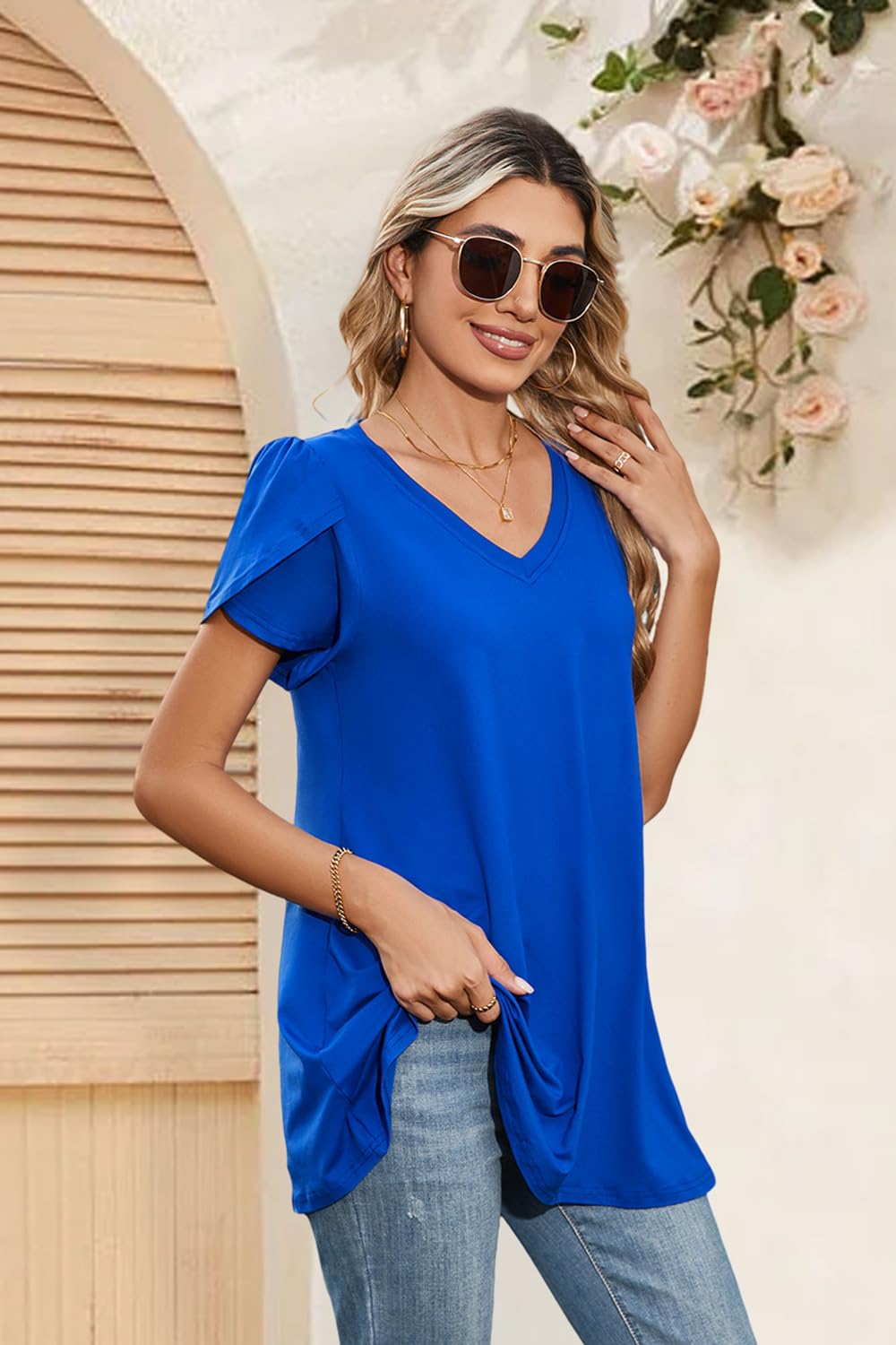 Enmain Tunique Femme Manche Courte Été Grande Taille Chemisier Femmes Chic et élégant à Blouses Col en V Tuniques Ample à Hauts Couleur Unie S-4XL