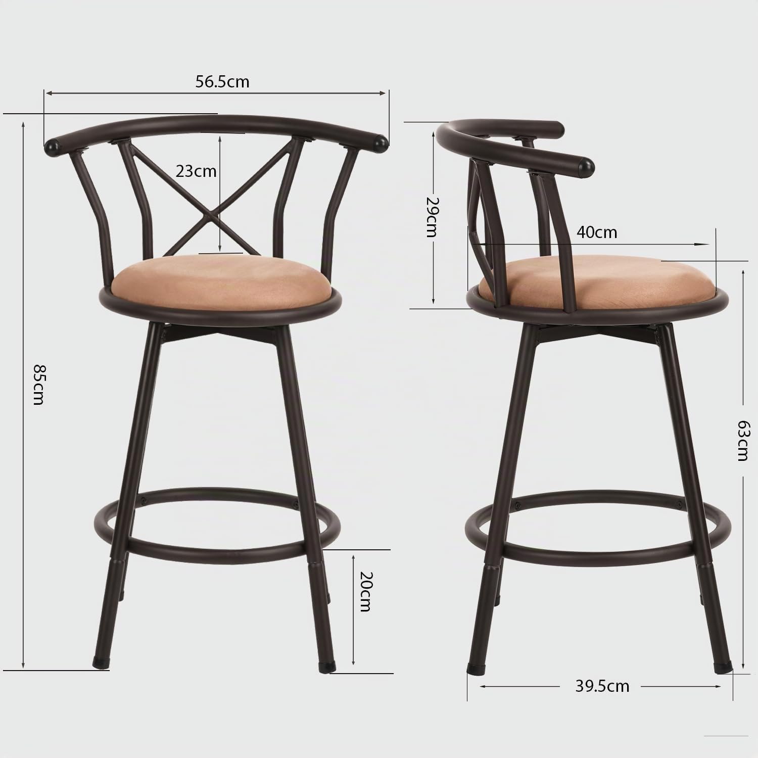 MEUBLE COSY Lot de 2 Tabourets de Bar Vintage pivotant sur 360° avec Dossier et Repose-Pieds Siège de 63 cm de Haut Style industriel Marron