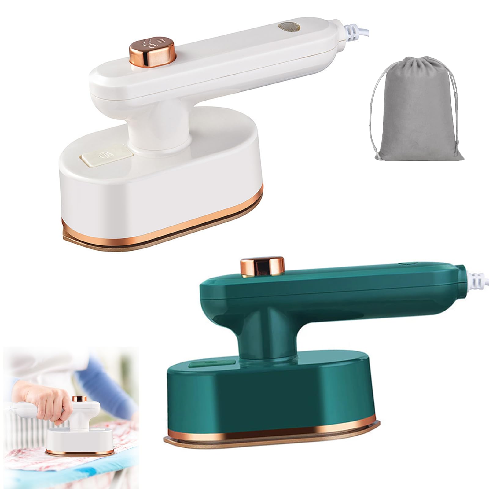 Mini Plancha de Viaje de Vapor - Plancha Vertical Portátil para Ropa con Mango Rotativo a 90° y Suela Antiadherente, Planchado en Seco y Húmedo para Vacaciones, Costura y Manualidades (White+Green,EU)