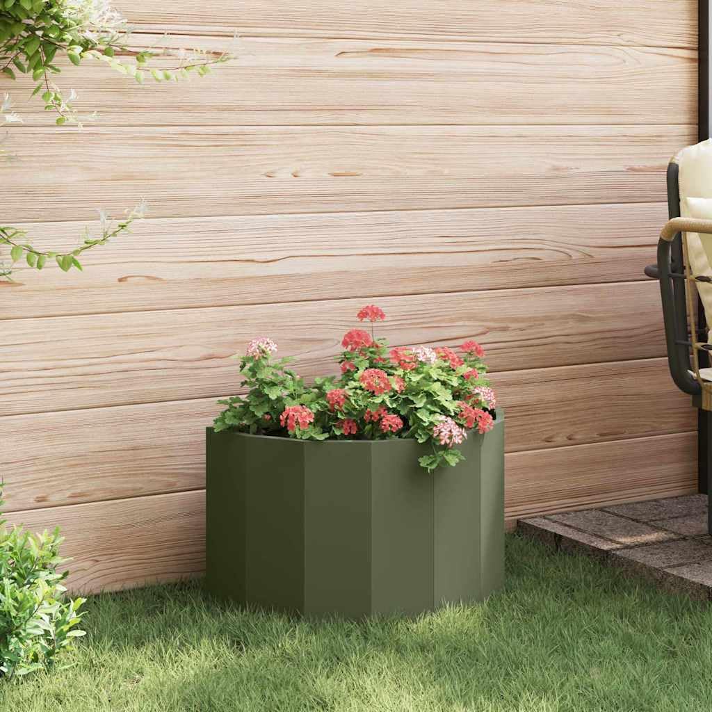 Oliwkowy pojemnik na rośliny, 60 x 30 x 35 cm, stalowa doniczka z drenażem, do użytku wewnątrz i na zewnątrz, do ogrodu, na balcony, patio, podwórko i sukulenty