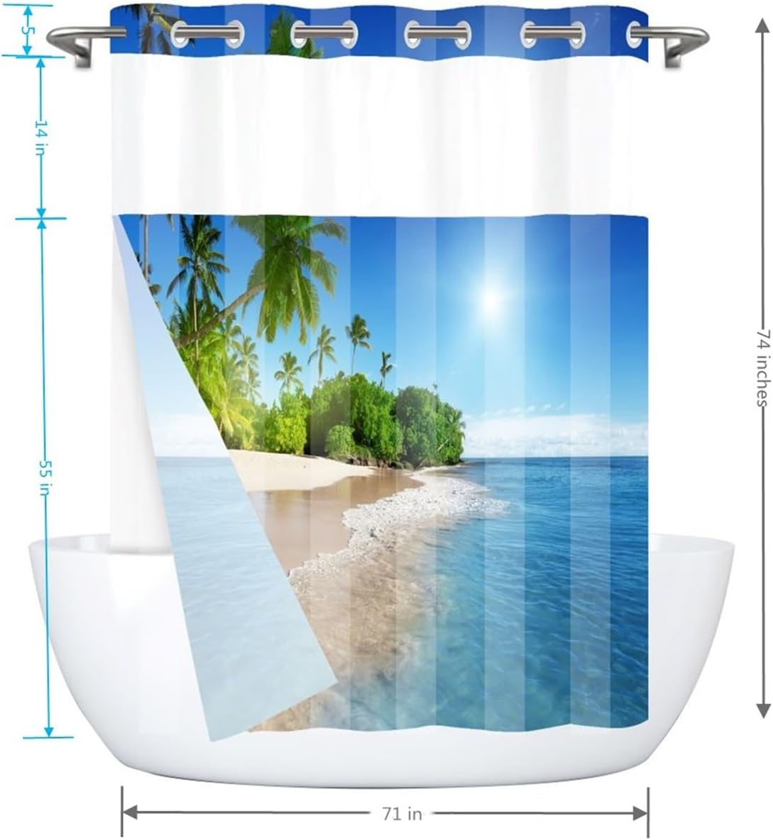 No Hook Shower Curtain with Snap in Liner,Ocean Beach Seaside Palm Trees Island Shower Curtains, Double Layer, Mesh Top Window,71 x74 inches,Blue