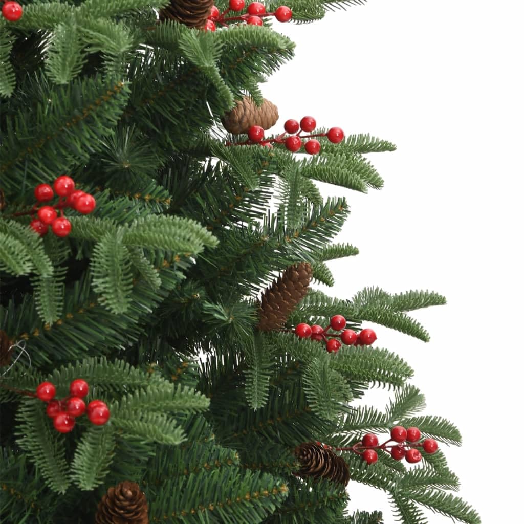 Árbol de Navidad artificial plegable de 210 cm con puntas de polietileno, piñas y bayas rojas, incluye soporte de hierro resistente para un fácil montaje y aspecto natural