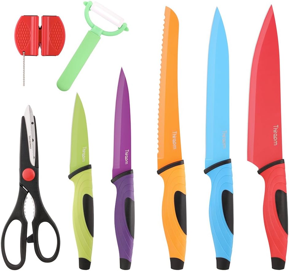 Thiroom 8-Piece Professional colorful Chef Knife Set Stainless Steel and a Non-Stick Coating with Comfort Grip Handles - Including 5 Cooking Knives, Kitchen Shears and a Vegetable Peeler