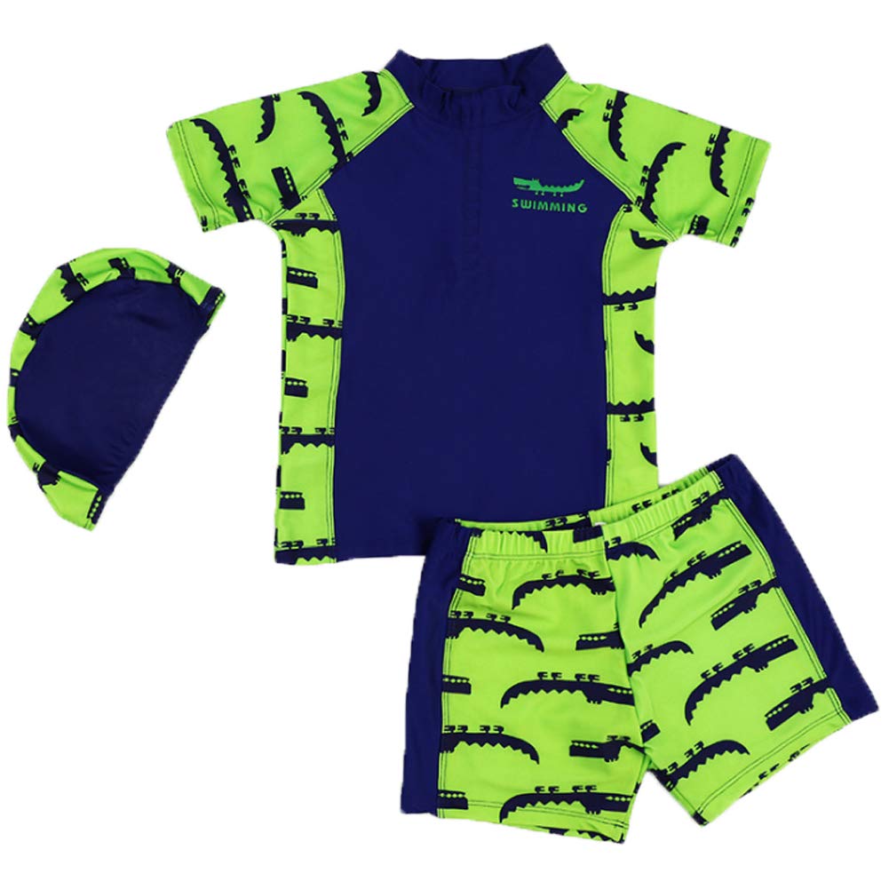 Monvecle Little Boys' 6-Pieces Short Sleeve Rash Guard Swimsuit Set with Swim Cap UPF 50+ Green-1 7-8y