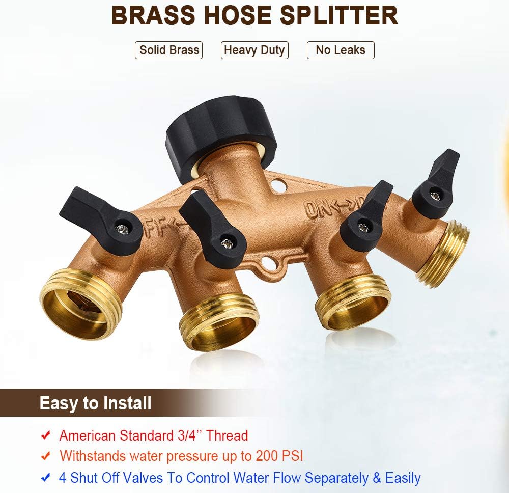 Onebom Hose Splitter 3/4 Inch, Solid Brass Pipe Connector,Garden Hose Distributor Heavy Duty (4 Way)