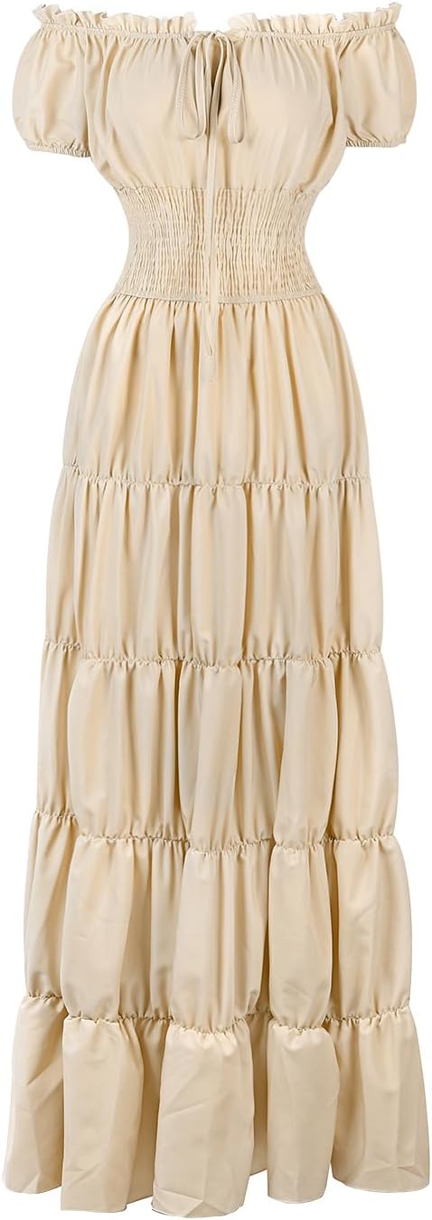 Renaissance Costume Women Medieval Chemise Dress Peasant Tops Irish Under Dress Beige-M