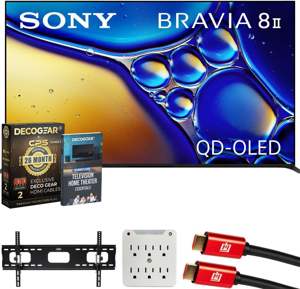 K55XR80M2 BRAVIA 8 II 55" QD-OLED 4K HDR TV (2025) Bundle with CPS Exclusive 26 Month Protection, Wall Mount, 2X HDMI Cables, Surge Adapter & Deco Gear Complete Home Theater Beginner's Guidebook