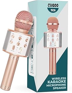CUQOO Bluetooth Microphone – 4 in 1 Karaoke Wireless Microphone - Karaoke Machine Portable Speaker Microphone for Singing and Dancing - Karaoke Microphone with Record Function (Rose Gold)