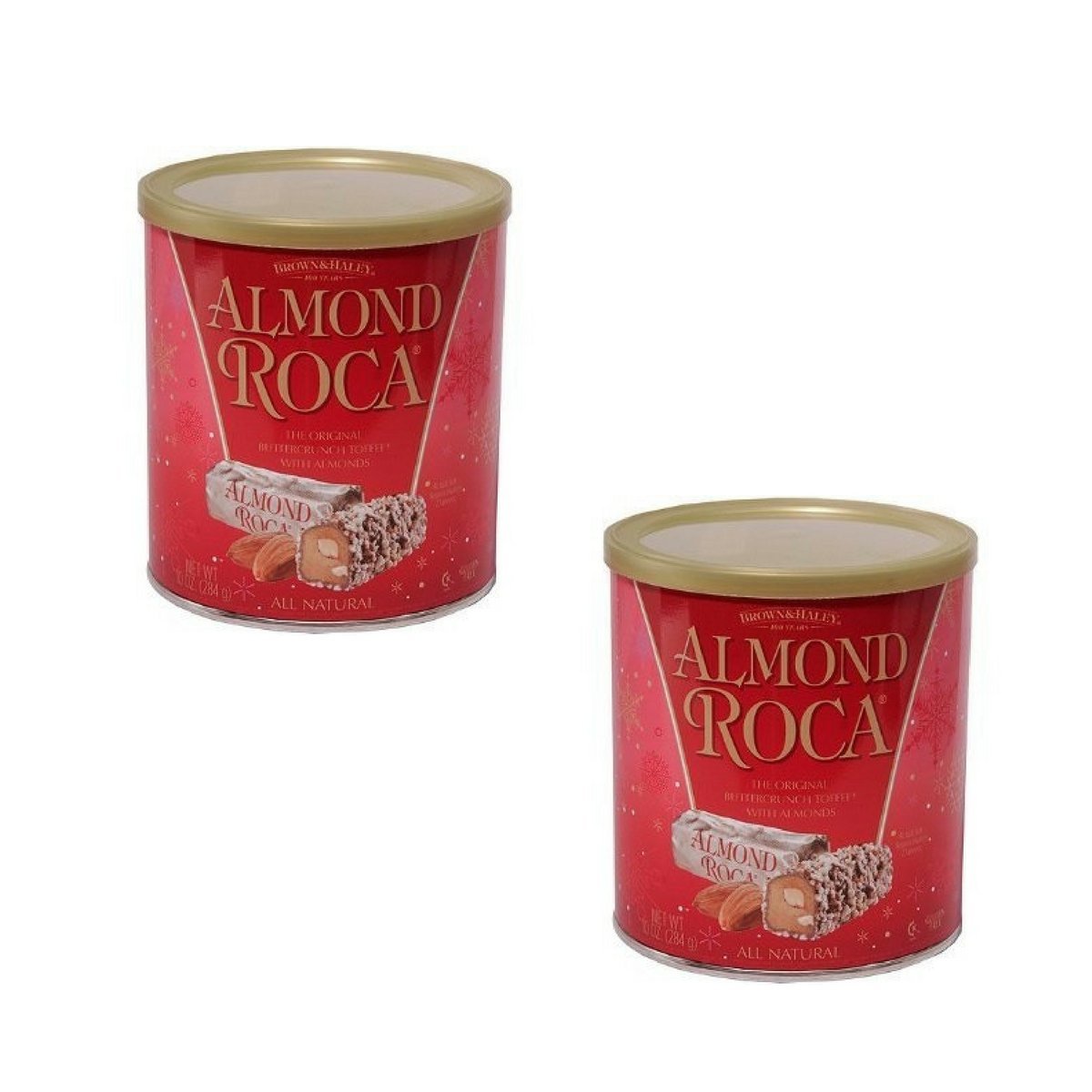 Brown & Haley Almond Roca the Original Buttercrunch Toffee with Almonds ALL Natural Zero Gram Trans FAT - 2 Pack of 10 Oz Container Jars