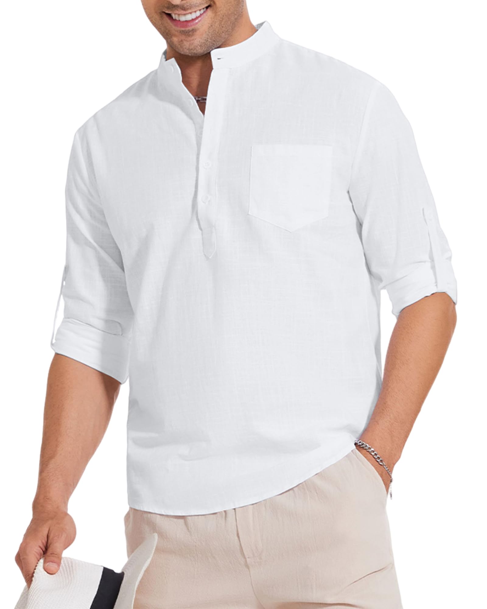 YAOBAOLE Chemise Lin Homme Manches Longues Chemisette Décontractée Homme Col Mao Chemise Eté Leger de Plage