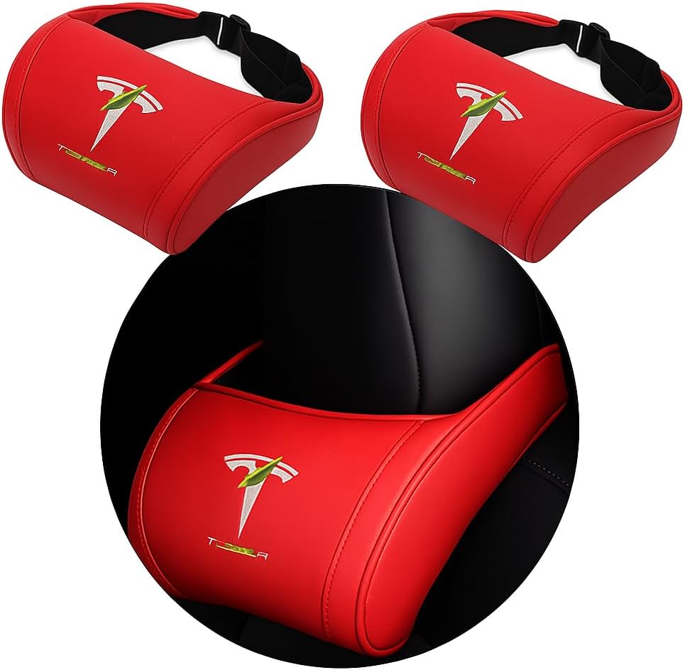 Car Headrest Neck Pillow Support Ergonomic, with Valve Stem Covers Accessory for Driving Seat Fatigue Relief Compatible with Model S X 3 Y & Cybertruck - 2 Pieces