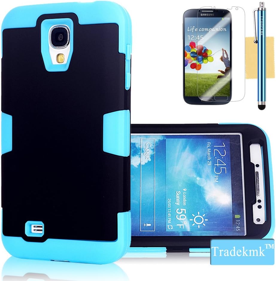Galaxy S4 Case, Tradekmk(TM) Latest Fashion Hot Sale Hybrid Hard Soft Combo Three-in-one Durable Bumper Armor Back Case Cover Protector Compatible with Samsung Galaxy S4 i9500[+Stylus+Screen Protector+Cleaning Cloth]-(Black+Blue)